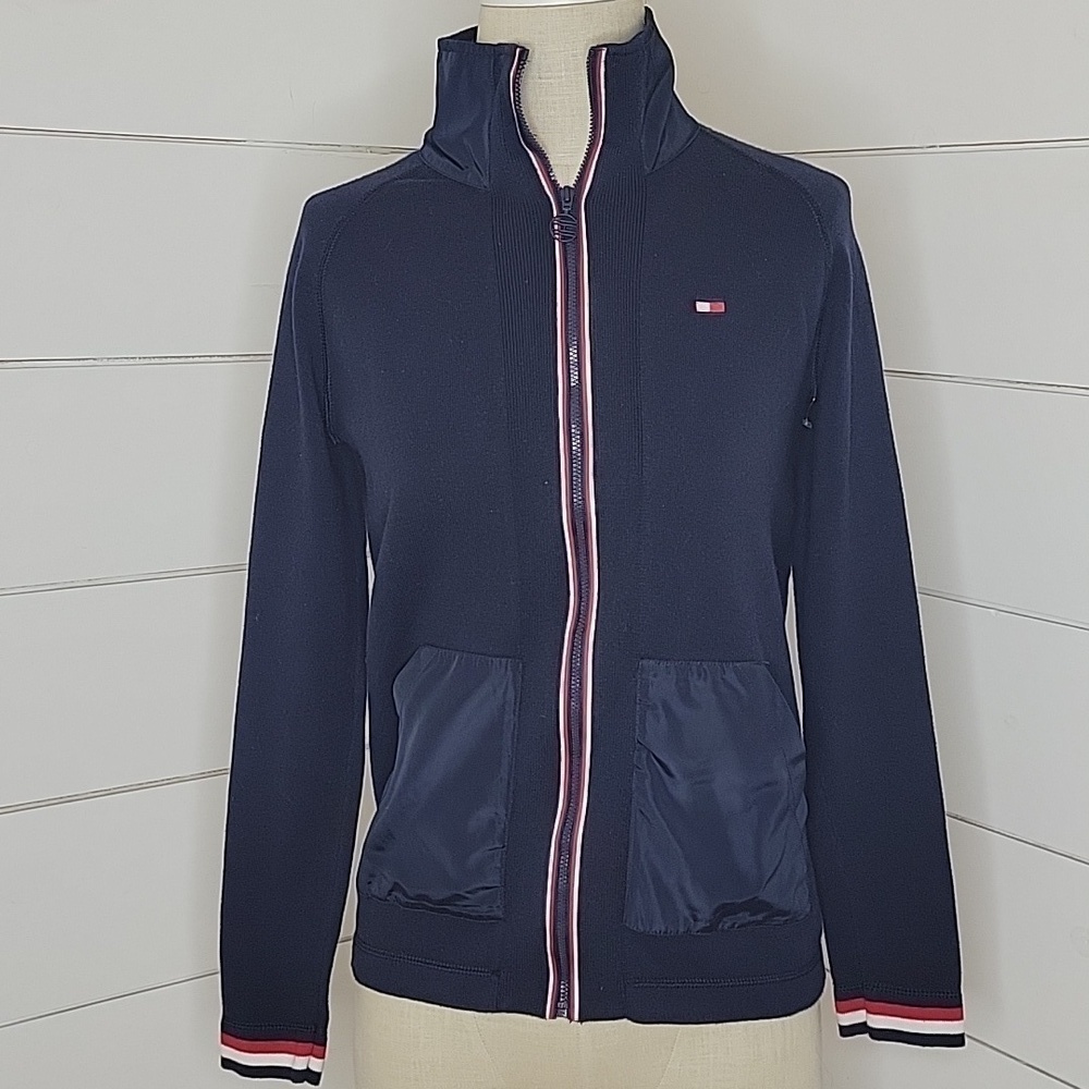 Tommy Hilfiger small navy red and white accents zipper sweater jacket